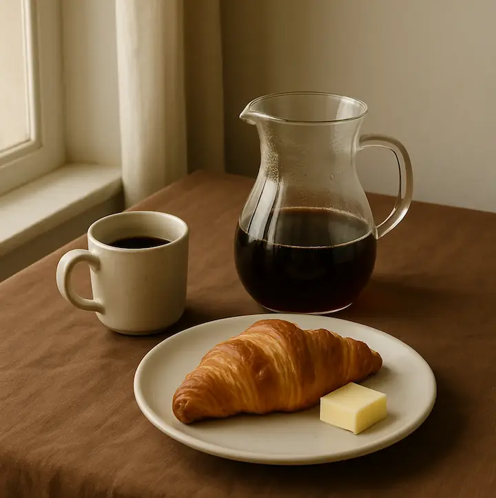 Foto A breakfast scene with a filter coffee in a glass server, a small ceramic mug, and a plate with a croissant and butter
