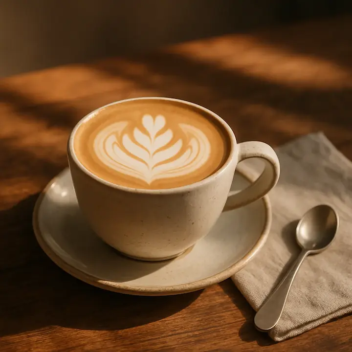 Foto A close-up of a ceramic cup with a latte and delicate leaf-shaped foam art