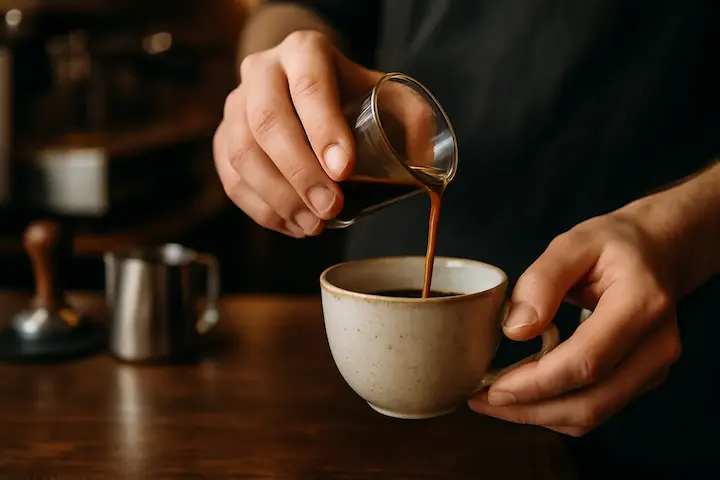 Foto Hands of a barista gently pouring a rich espresso