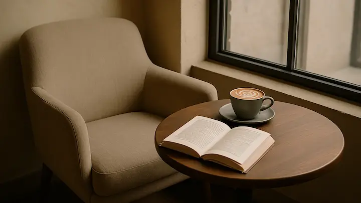 Foto A quiet café corner with a beige armchair and a small round wooden table