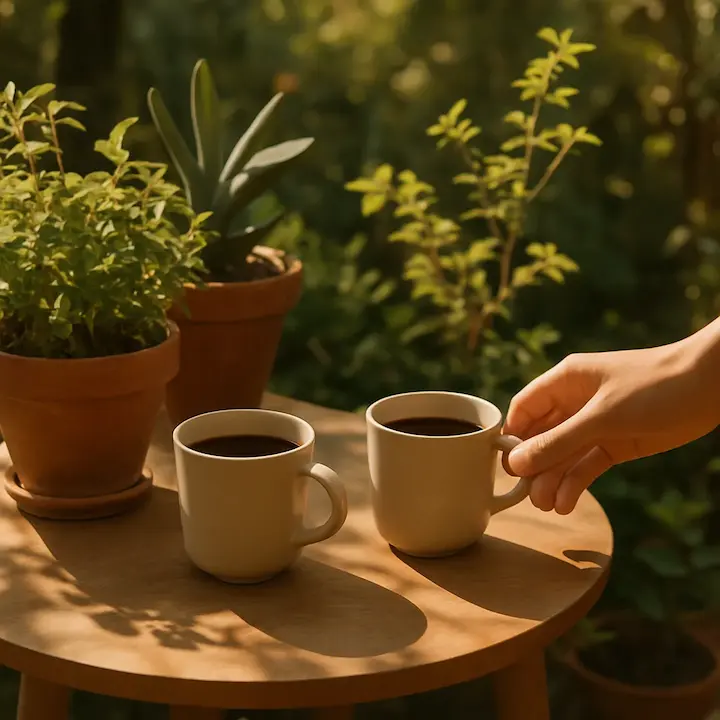 Foto Two coffee cups on a small round table outdoors